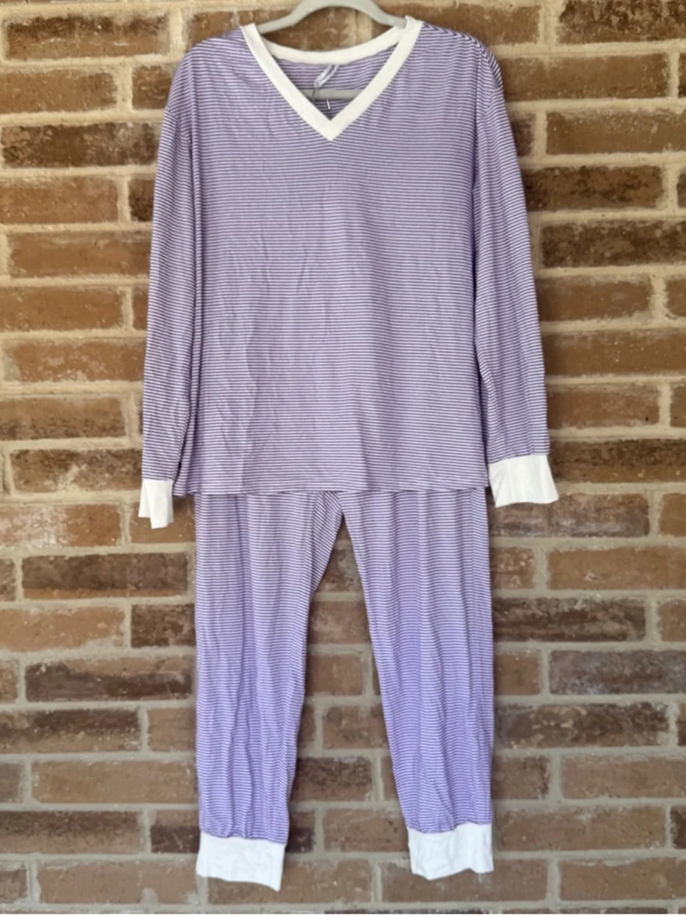 Women's Lavender Stripe Long Sleeve Pajama Set with White Trim